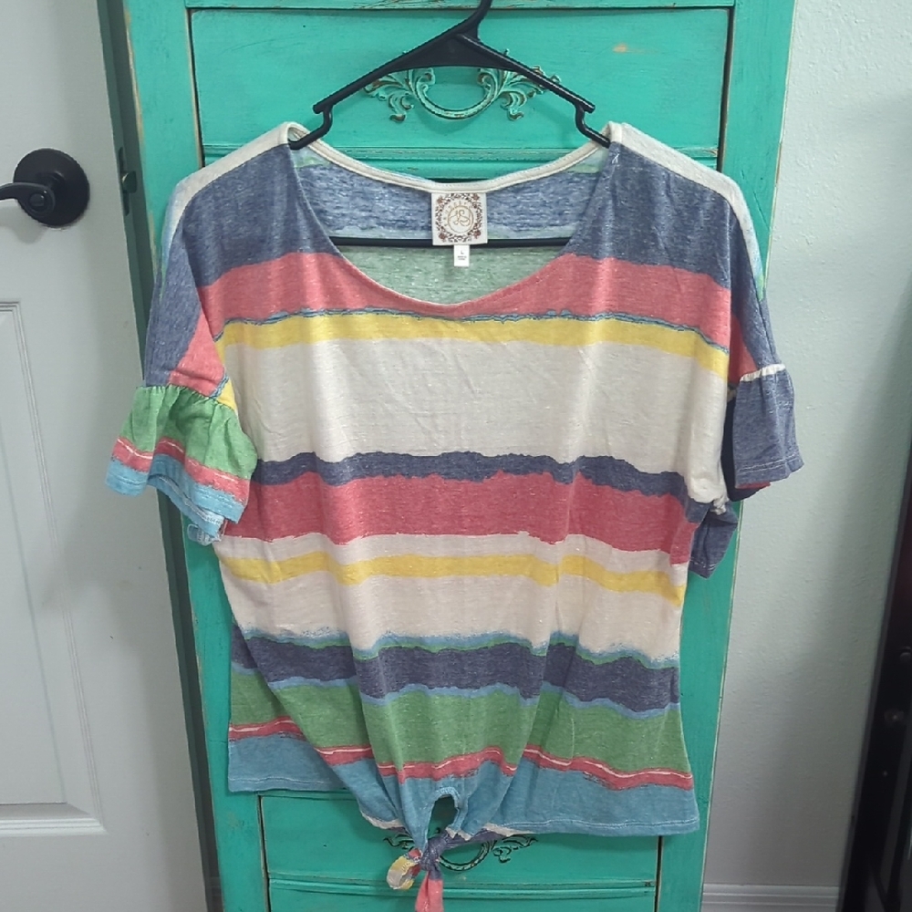 Pink and Green Short Sleeve Tie Front T-Shirt